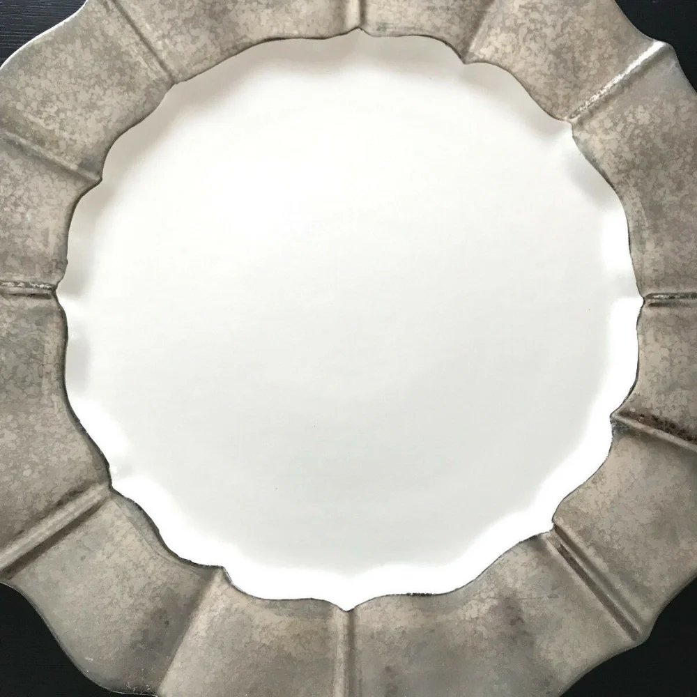 Anthropologie Large Ceramic Serving Plate Platter White Silver Serveware